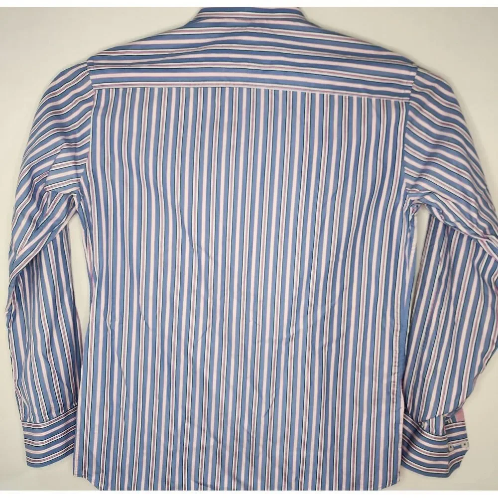 Bugatchi Mens Size Medium Long‎ Sleeve Button Down Blue/Pink Stripes